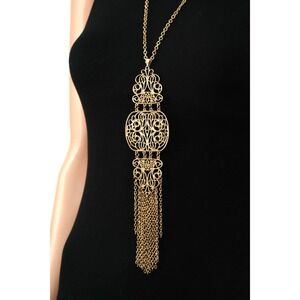 Long Gold Tone‎ Statement Necklace Filigree Pendant Dangle Tassel Chain